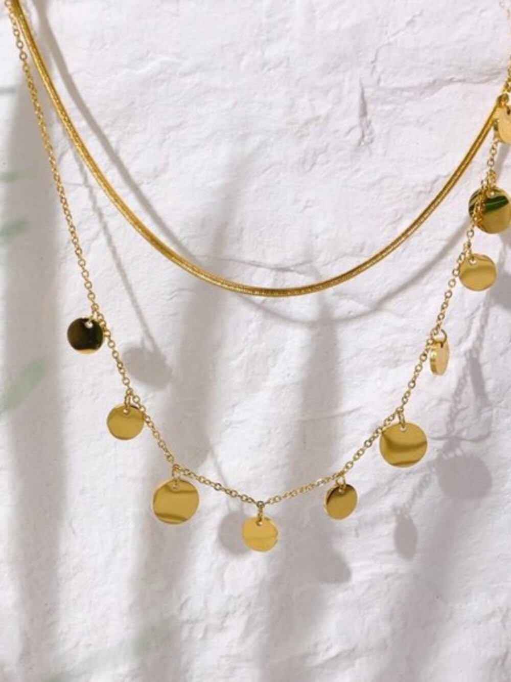 New 18K Gold Plated Coin Drop Double Layer Herringbone Necklace - Picture 3 of 7